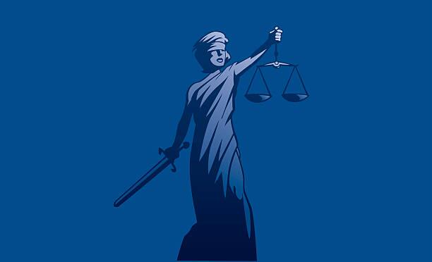 Illustration de la Justice aux yeux bandés, tenant une balance et une épée, sur fond bleu.